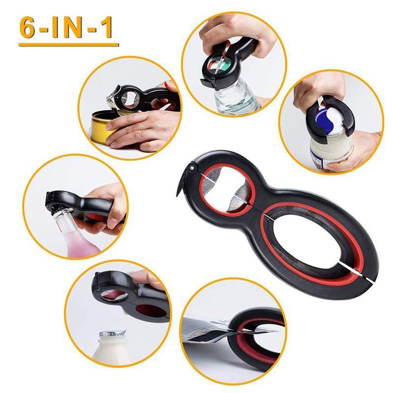 "6-i-1 multifunktionell flasköppnare med ergonomiskt handtag i rostfritt stål för kök, kompakt och hållbar design."