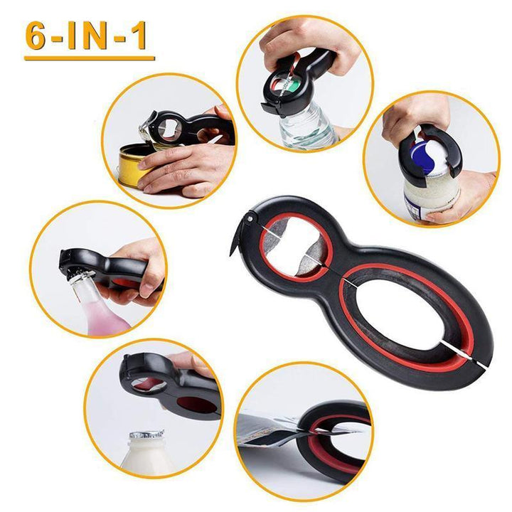 "6-i-1 multifunktionell flasköppnare med ergonomiskt handtag i rostfritt stål för kök, kompakt och hållbar design."