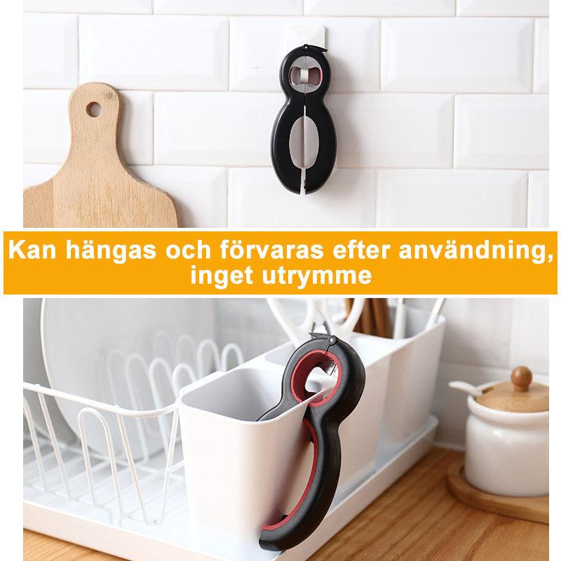 "6-i-1 multifunktionell flasköppnare med ergonomiskt handtag i rostfritt stål för kök, kompakt och hållbar design."