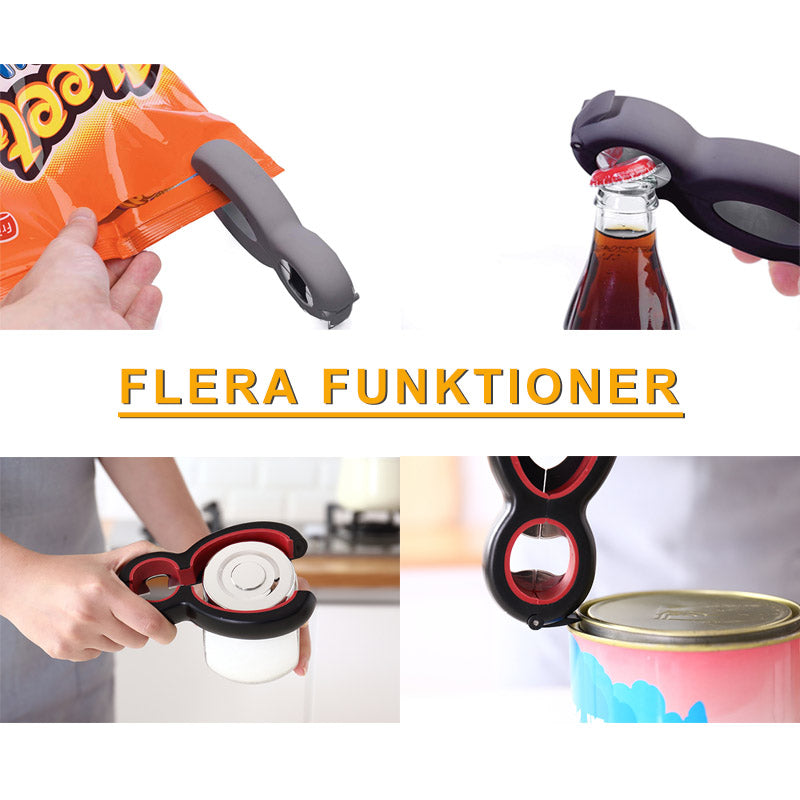 "6-i-1 multifunktionell flasköppnare med ergonomiskt handtag i rostfritt stål för kök, kompakt och hållbar design."