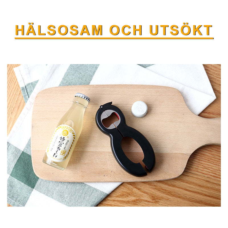 "6-i-1 multifunktionell flasköppnare med ergonomiskt handtag i rostfritt stål för kök, kompakt och hållbar design."