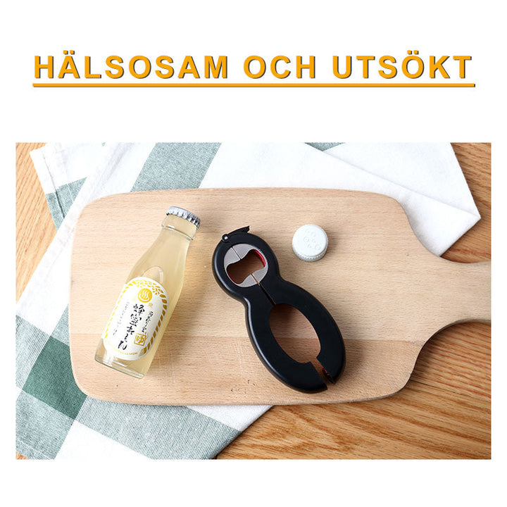 "6-i-1 multifunktionell flasköppnare med ergonomiskt handtag i rostfritt stål för kök, kompakt och hållbar design."