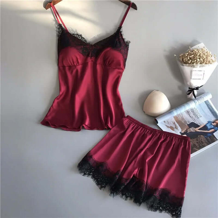 Satin Pyjamas Set med V-ringning