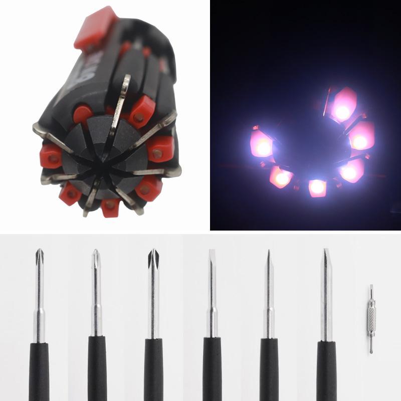 "8 i 1 skruvmejsel med integrerad arbetslampa och LED-ficklampa, kompakt design med flera skruvmejseltips."