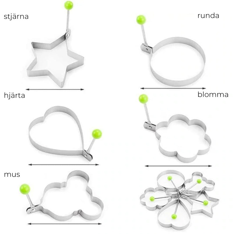 "Äggringar i rostfritt stål med non-stick beläggning, olika former som stjärna och hjärta, idealiska för äggrätter."