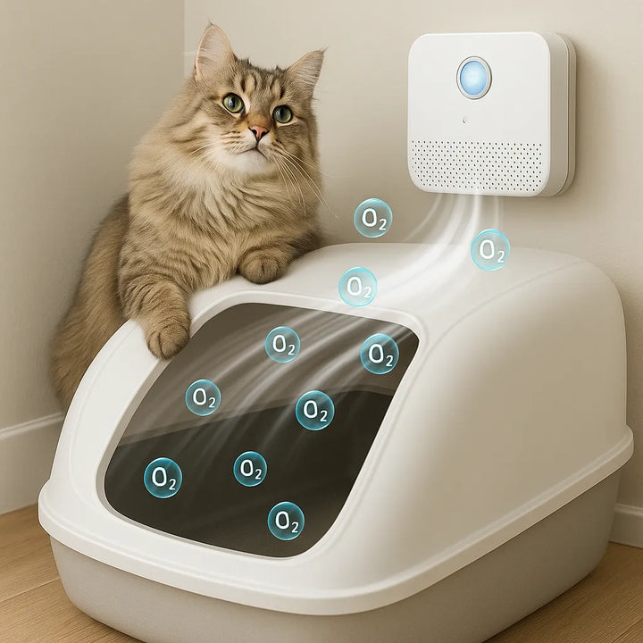 Airclean luftrenare i vitt, diskret och elegant design, för effektiv luktborttagning runt kattlådor med avancerad teknologi.