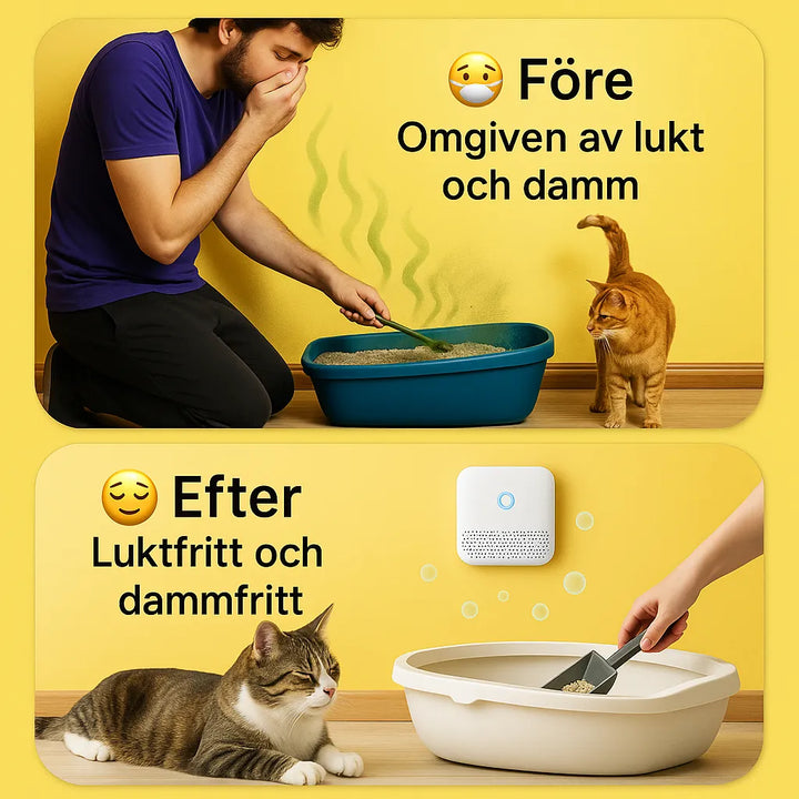 Airclean luftrenare i vitt, diskret och elegant design, för effektiv luktborttagning runt kattlådor med avancerad teknologi.