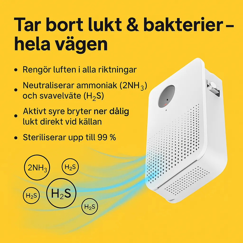 Airclean luftrenare i vitt, diskret och elegant design, för effektiv luktborttagning runt kattlådor med avancerad teknologi.