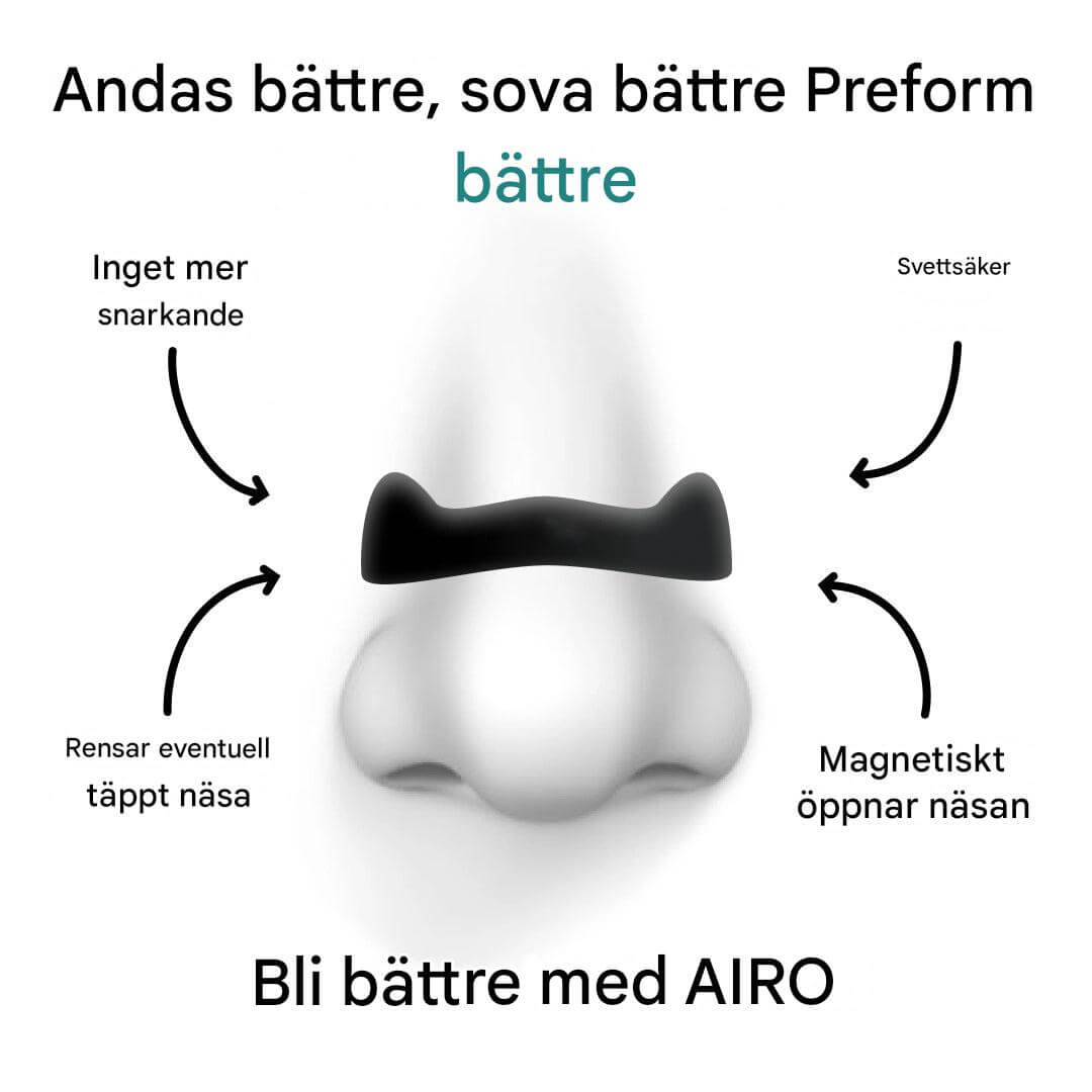 "Airo Magnetisk Näsband i elegant design för bättre andning och sömn, förbättrar luftflödet med modern magnetteknik."