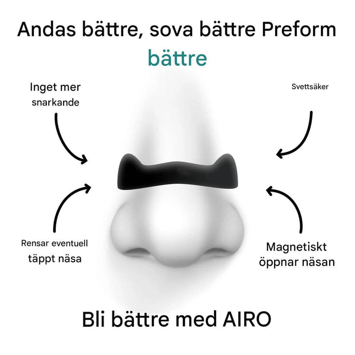 "Airo Magnetisk Näsband i elegant design för bättre andning och sömn, förbättrar luftflödet med modern magnetteknik."