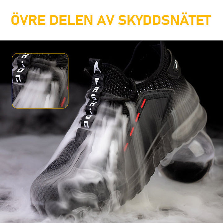 Andningsbara herrskyddsskor med ståltåhätta och Kevlarsula, andningsnät för svala fötter, i svart sportig design.