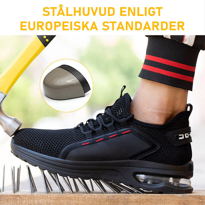 Andningsbara herrskyddsskor med ståltåhätta och Kevlarsula, andningsnät för svala fötter, i svart sportig design.