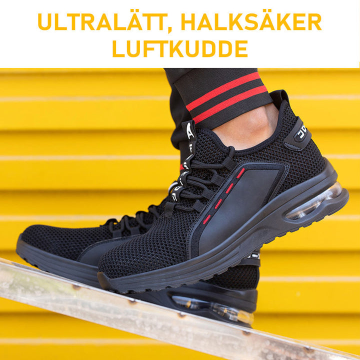 Andningsbara herrskyddsskor med ståltåhätta och Kevlarsula, andningsnät för svala fötter, i svart sportig design.