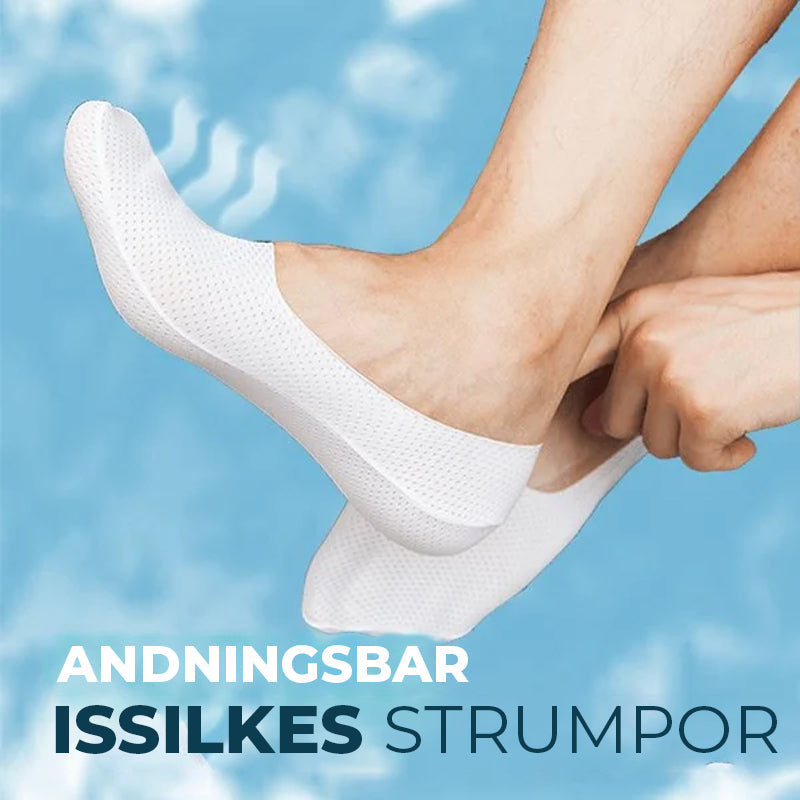 Andningsbara silkesstrumpor för sommar, ljus beige färg med silikonhälgrepp, svala och antibakteriella för optimal komfort.