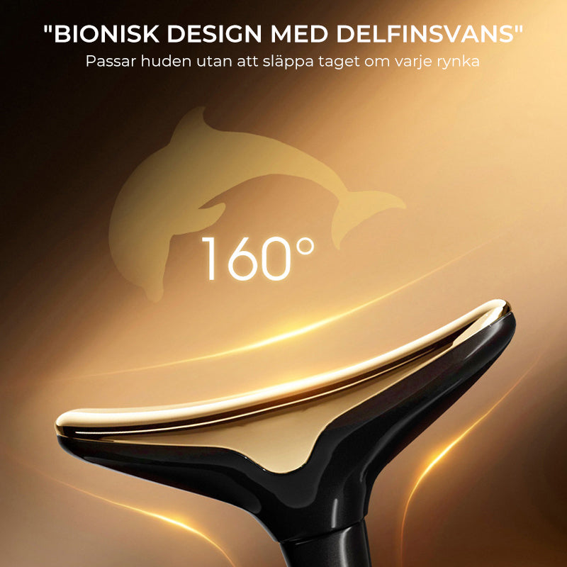 "Ansiktsmassager med sonic vibration och mikroström, vit plast, tre huvud, elegant ergonomisk design, för skönhetsvård hemma.
