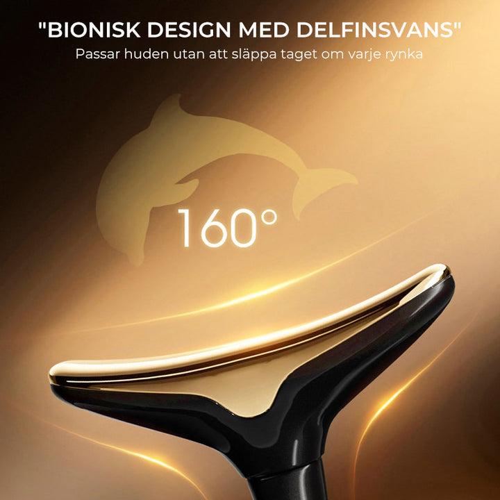 "Ansiktsmassager med sonic vibration och mikroström, vit plast, tre huvud, elegant ergonomisk design, för skönhetsvård hemma.