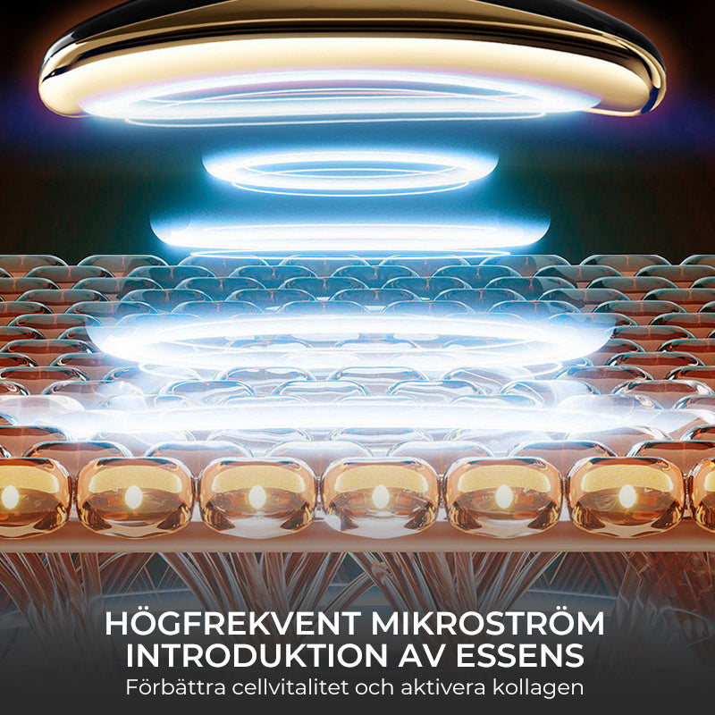 "Ansiktsmassager med sonic vibration och mikroström, vit plast, tre huvud, elegant ergonomisk design, för skönhetsvård hemma.