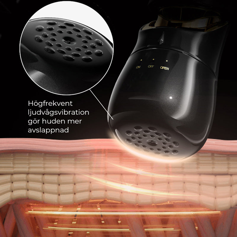 "Ansiktsmassager med sonic vibration och mikroström, vit plast, tre huvud, elegant ergonomisk design, för skönhetsvård hemma.