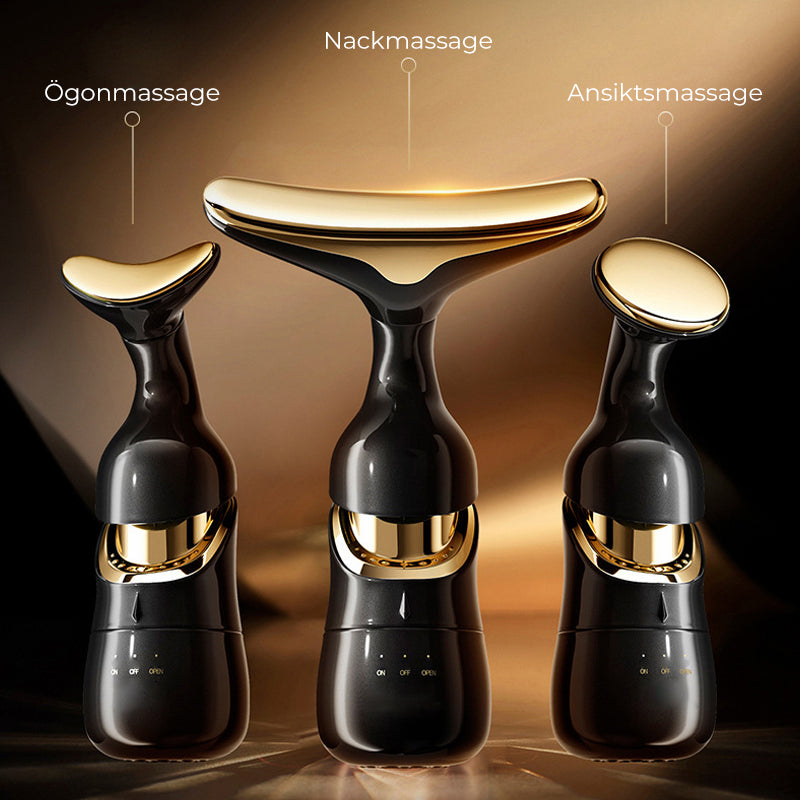 "Ansiktsmassager med sonic vibration och mikroström, vit plast, tre huvud, elegant ergonomisk design, för skönhetsvård hemma.