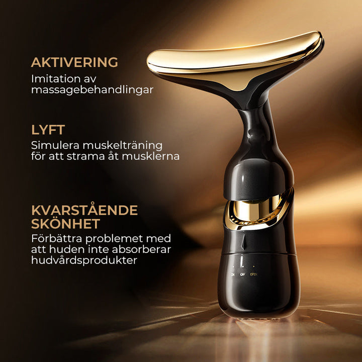 "Ansiktsmassager med sonic vibration och mikroström, vit plast, tre huvud, elegant ergonomisk design, för skönhetsvård hemma.