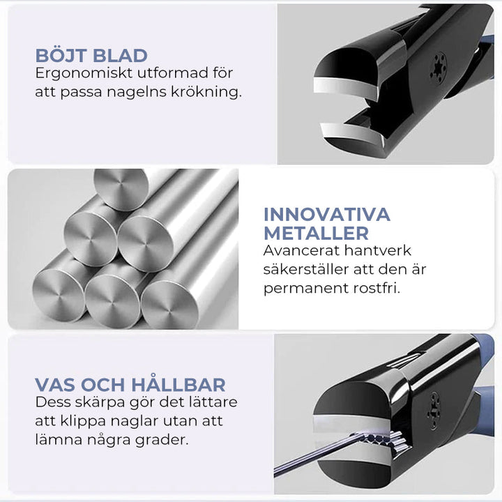 "Anti-Splash nagelklippare i rostfritt stål med vikbar design och ergonomiskt grepp för ren och prydlig nagelvård."