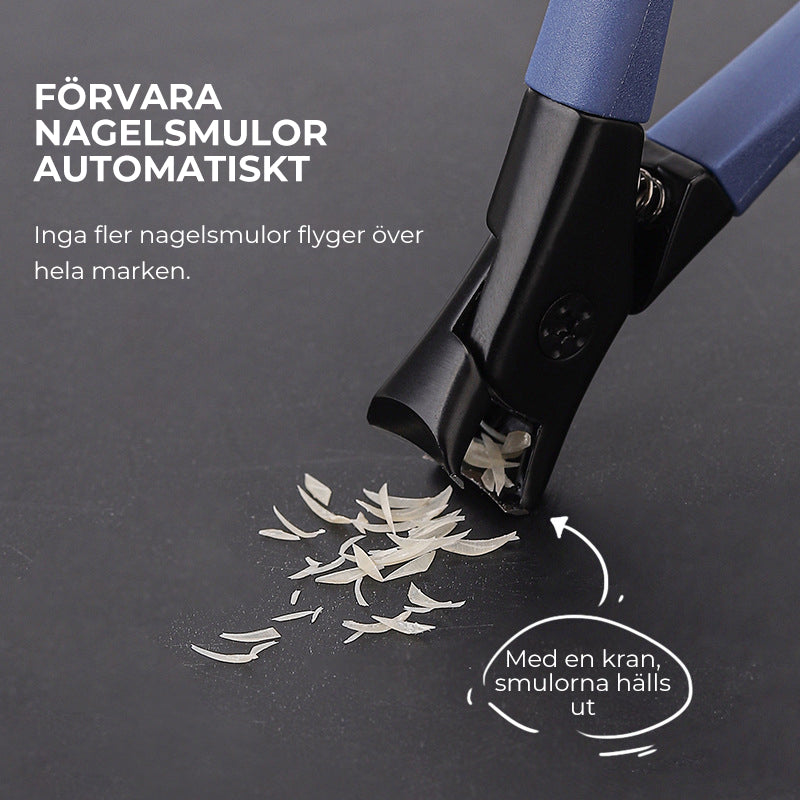 "Anti-Splash nagelklippare i rostfritt stål med vikbar design och ergonomiskt grepp för ren och prydlig nagelvård."