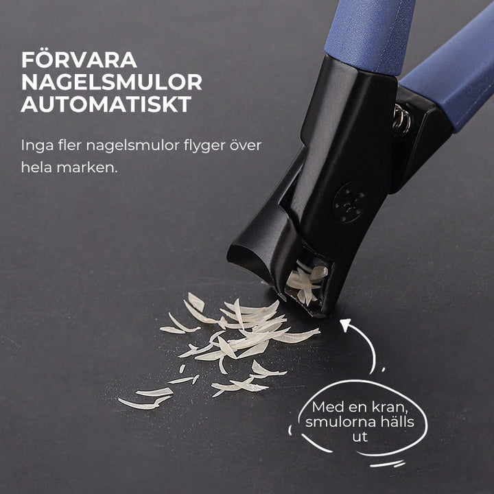 "Anti-Splash nagelklippare i rostfritt stål med vikbar design och ergonomiskt grepp för ren och prydlig nagelvård."