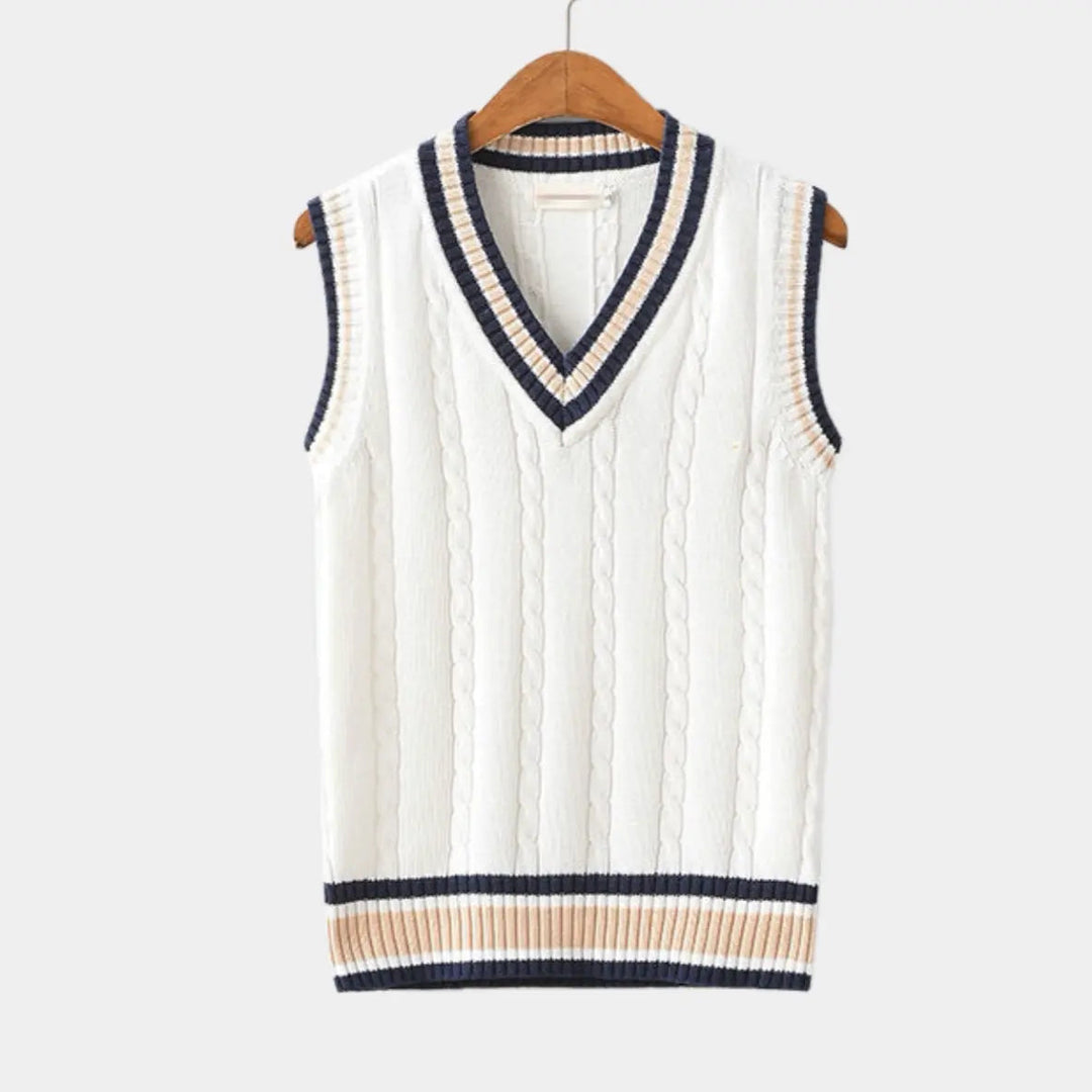 "Ärmlös tröja för män, elegant och tidlös design, klassiska färger som vit och blå, perfekt för sofistikerad stil."