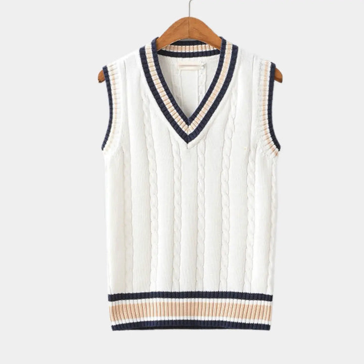 "Ärmlös tröja för män, elegant och tidlös design, klassiska färger som vit och blå, perfekt för sofistikerad stil."