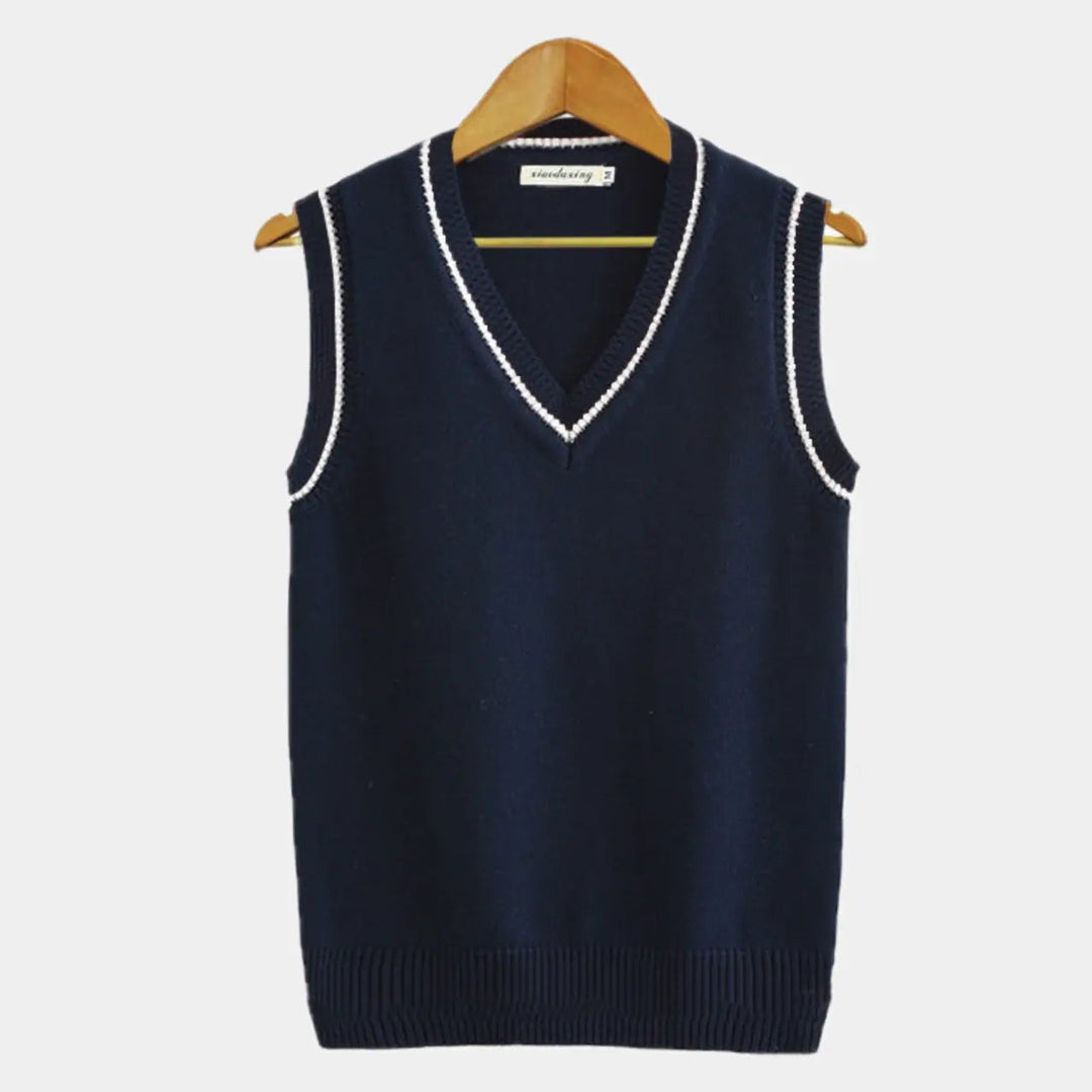 "Ärmlös tröja för män, elegant och tidlös design, klassiska färger som vit och blå, perfekt för sofistikerad stil."