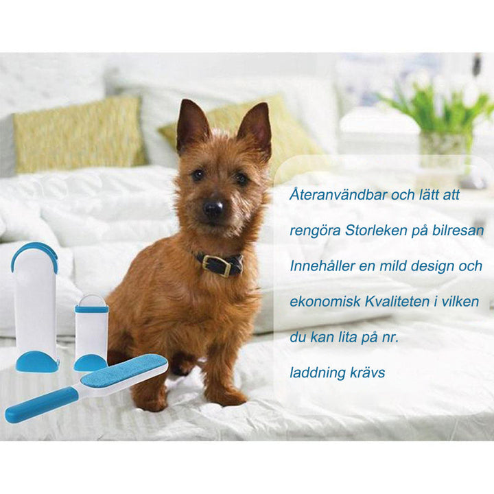 "Återanvändbar blå dubbel klädborste för päls och ludd, ergonomisk, idealisk för djurhår på kläder och möbler."