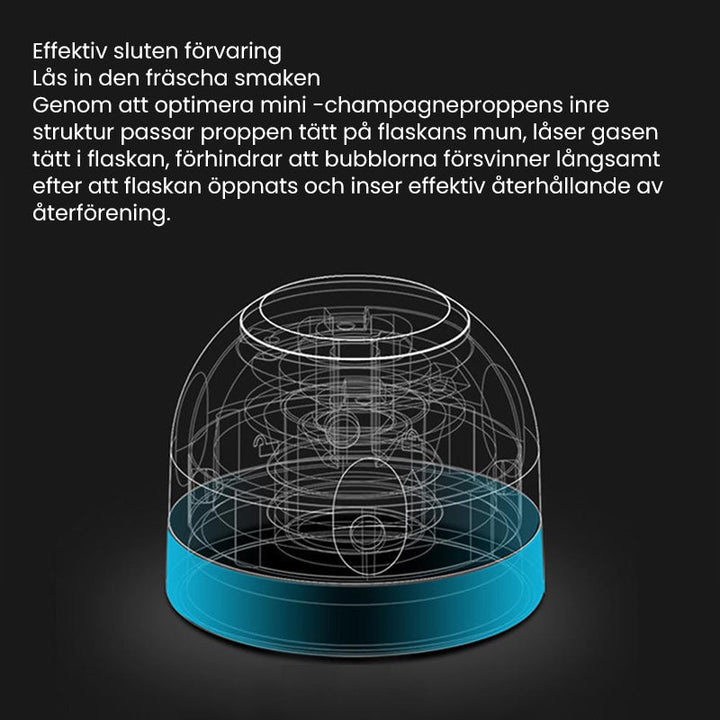 "Återanvändbar flaskförseglare i svart, kompakt design för vin- och champagneflaskor. Håller flaskor lufttäta och fräscha."