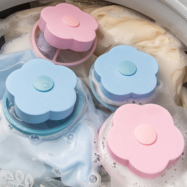 Återanvändbar hårfångare för tvättmaskin, blå och rosa, konformad design, samlar hår och ludd effektivt.