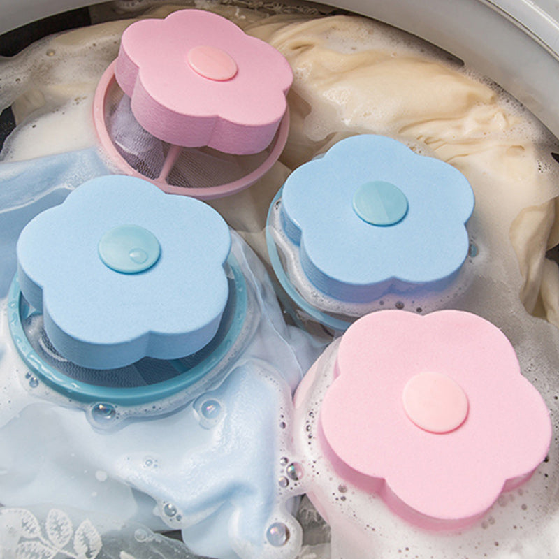 Återanvändbar hårfångare för tvättmaskin, blå och rosa, konformad design, samlar hår och ludd effektivt.