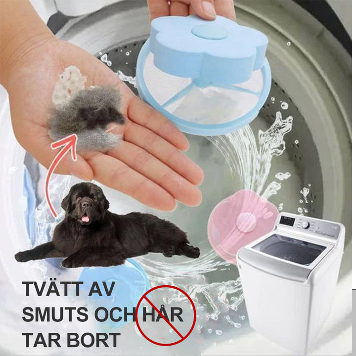 Återanvändbar hårfångare för tvättmaskin, blå och rosa, konformad design, samlar hår och ludd effektivt.