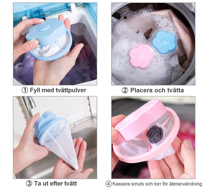 Återanvändbar hårfångare för tvättmaskin, blå och rosa, konformad design, samlar hår och ludd effektivt.