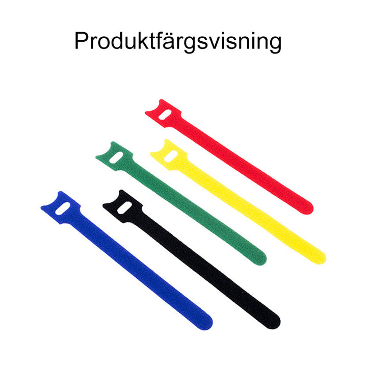 "Återanvändbara kardborresladdband i olika färger, perfekt för bekväm kabelhantering och organisation av kablar."