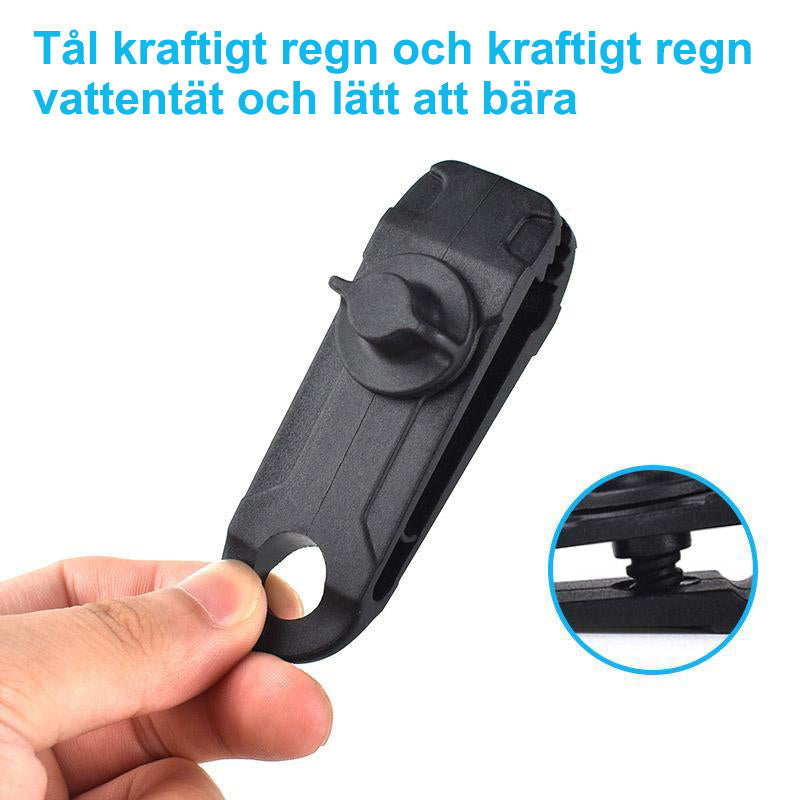 "Återanvändbara tältclips i hållbart material, flera färger, för fastsättning av presenningar och tält utomhus."