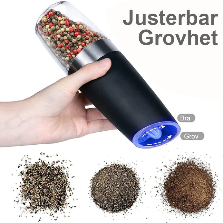 "Automatisk elektrisk gravitationskvarn för kök i svart/silver med rostfritt stål och glas, enkel enhandsanvändning."