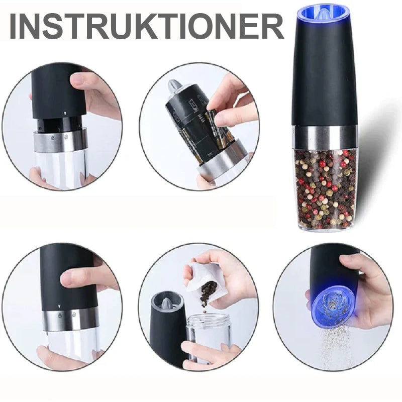 "Automatisk elektrisk gravitationskvarn för kök i svart/silver med rostfritt stål och glas, enkel enhandsanvändning."