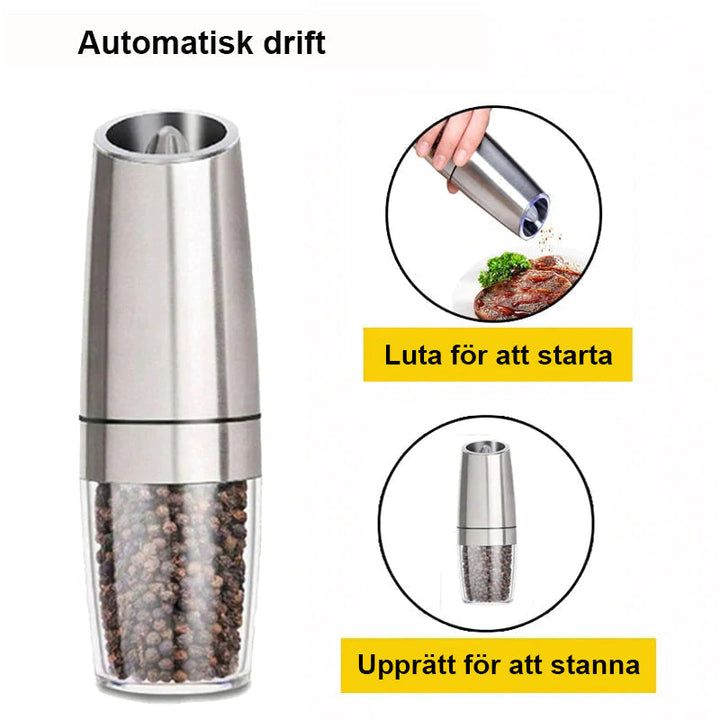 "Automatisk elektrisk gravitationskvarn för kök i svart/silver med rostfritt stål och glas, enkel enhandsanvändning."
