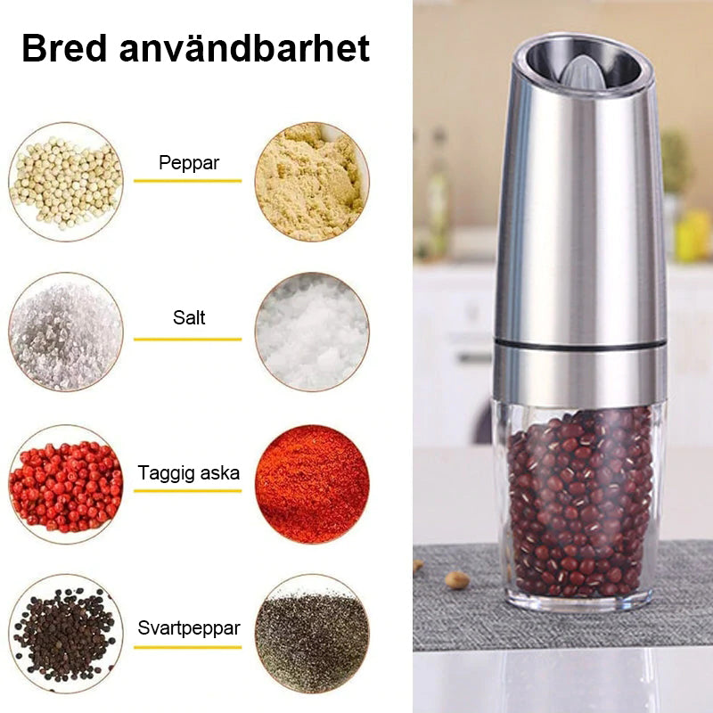 "Automatisk elektrisk gravitationskvarn för kök i svart/silver med rostfritt stål och glas, enkel enhandsanvändning."
