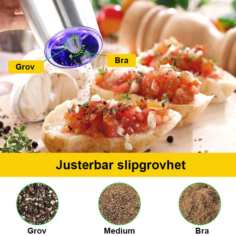 "Automatisk elektrisk gravitationskvarn för kök i svart/silver med rostfritt stål och glas, enkel enhandsanvändning."