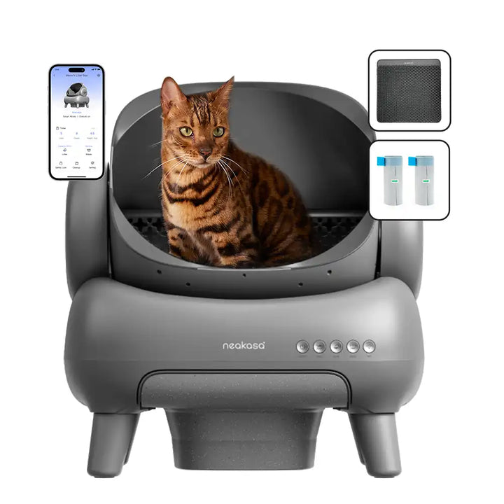 "Automatisk, luktfri kattlåda i svart med självrengörande funktion, säker för katter, rymlig och hygienisk design."