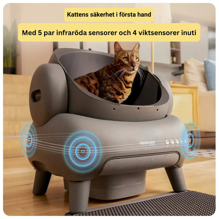 "Automatisk, luktfri kattlåda i svart med självrengörande funktion, säker för katter, rymlig och hygienisk design."
