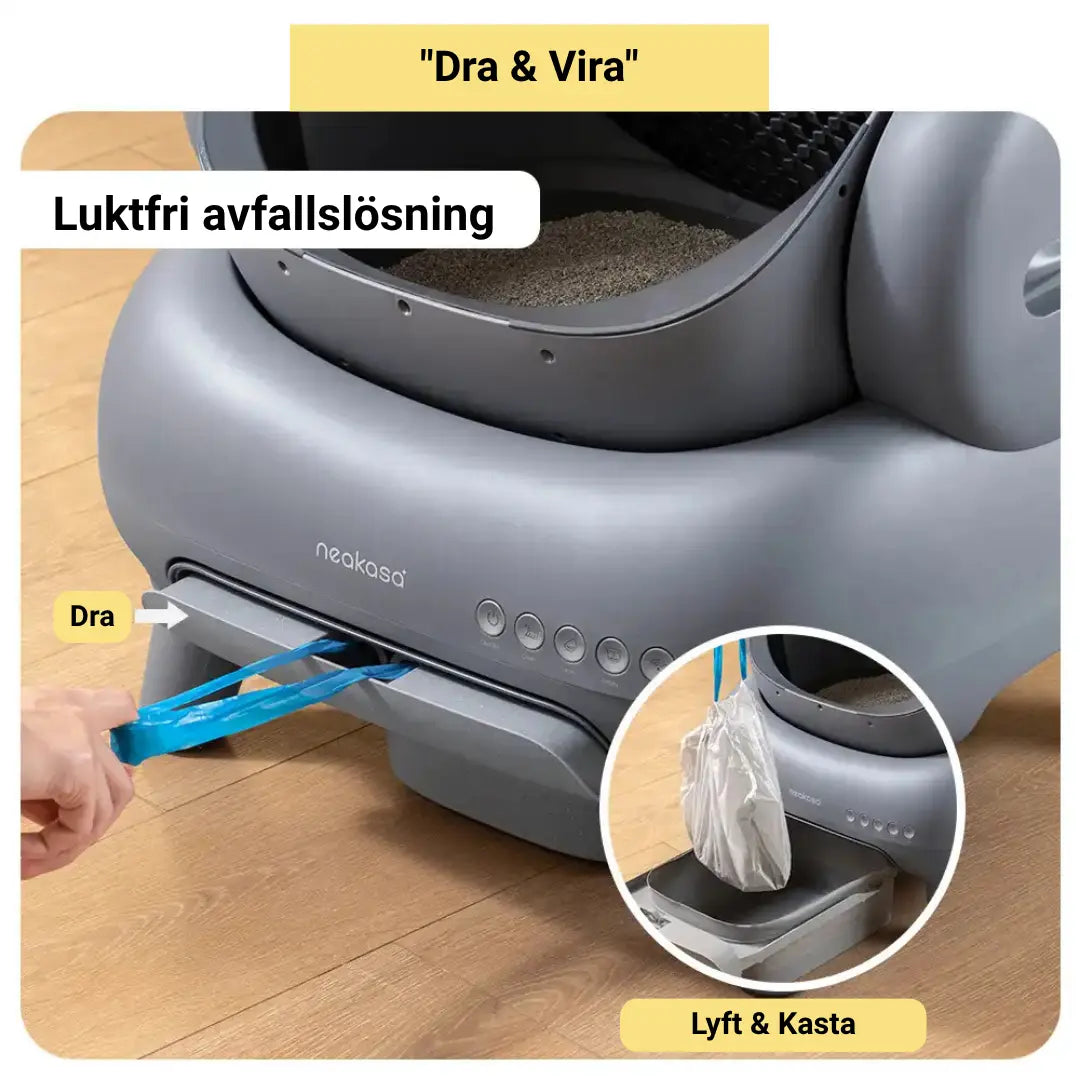 "Automatisk, luktfri kattlåda i svart med självrengörande funktion, säker för katter, rymlig och hygienisk design."