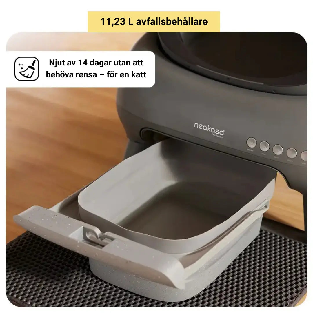 "Automatisk, luktfri kattlåda i svart med självrengörande funktion, säker för katter, rymlig och hygienisk design."
