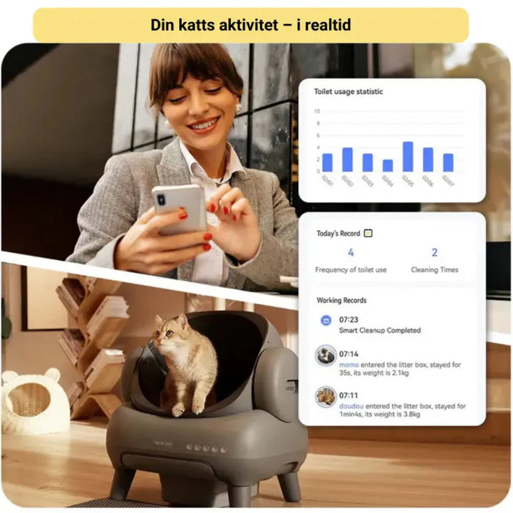 "Automatisk, luktfri kattlåda i svart med självrengörande funktion, säker för katter, rymlig och hygienisk design."
