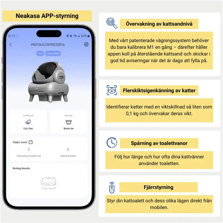 "Automatisk, luktfri kattlåda i svart med självrengörande funktion, säker för katter, rymlig och hygienisk design."
