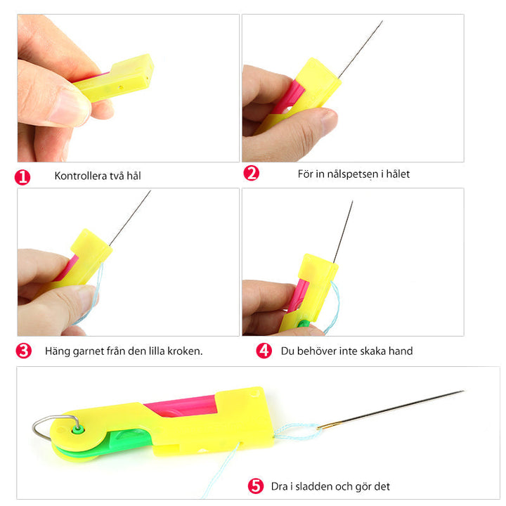 "Automatisk nålträdare för sömnad i plast, slumpmässig färg, kompaktdesign, sparar tid vid trådning, perfekt för nybörjare."